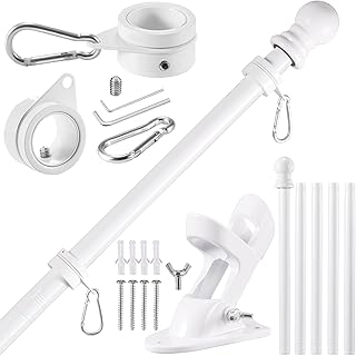BONWIN White Flag Pole Kit for Outside House, 6FT Thickened Stainless Steel Wall Mount Flag Pole for 3x5'/ 4x6' Flag, 1" Anti-Wrap Spinning Flag Ring Clips & 2-Position Bracket Holder for Porch Yard