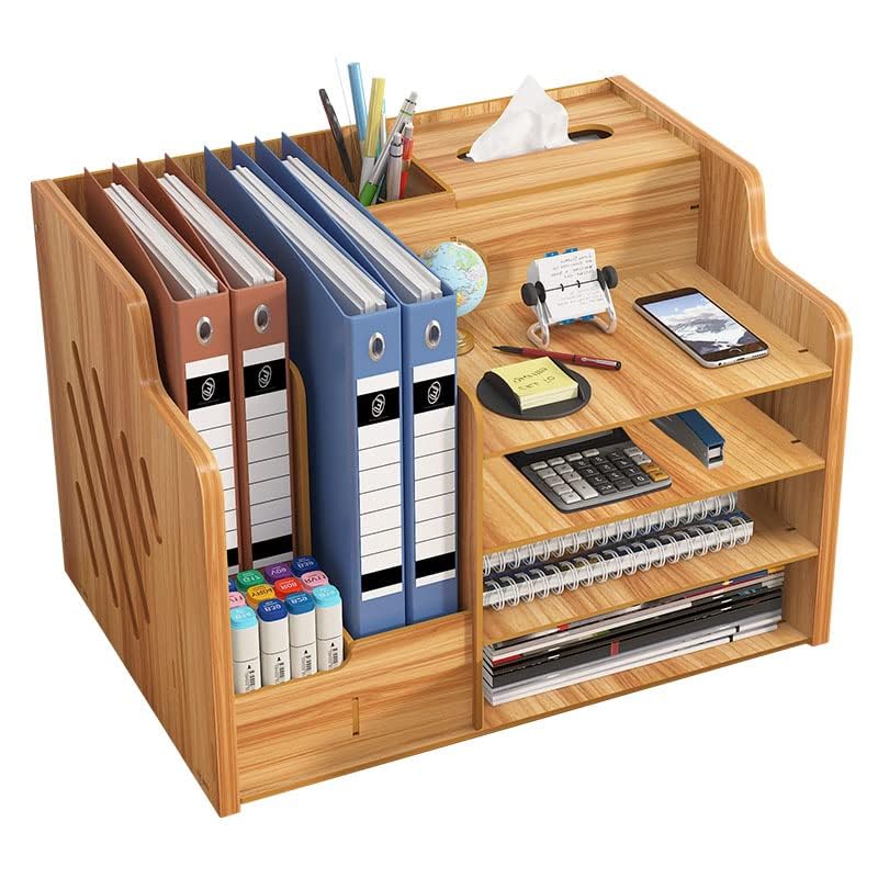 Wooden Desktop Organiser with File Storage, Multi-Compartment Office Desk Tidy, Document and Stationery Holder