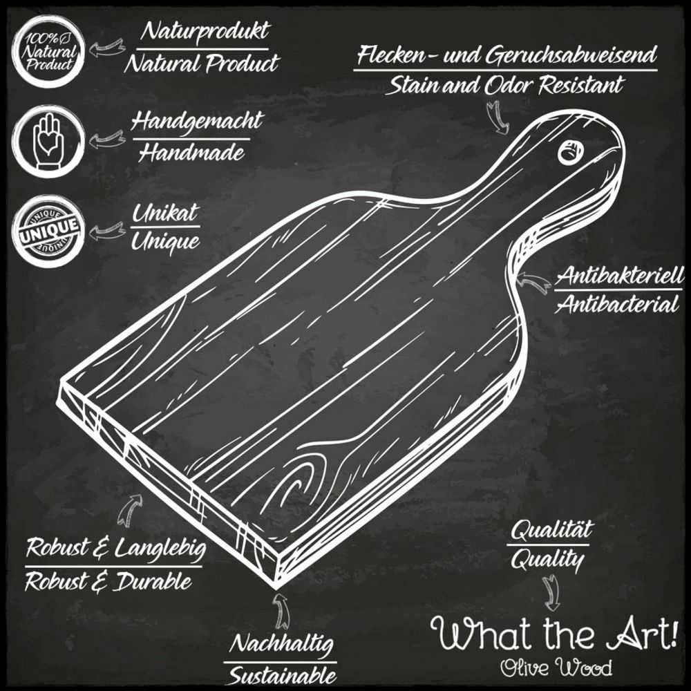 What the Art!® Olive Wood «Karo» L | Tagliere in legno d'ulivo + ciotola per salse + regalo | 35 x 16 x 2 cm