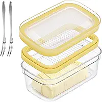 ShineMe Cortador de manteiga, manteiga hermética de plástico com tampa, recipiente em bastão de manteiga com 2 garfos (280 g)