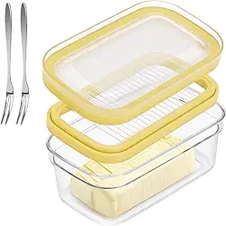 ShineMe Cortador de manteiga, manteiga hermética de plástico com tampa, recipiente em bastão de manteiga com 2 garfos (280 g)