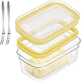 ShineMe Cortador de manteiga, manteiga hermética de plástico com tampa, recipiente em bastão de manteiga com 2 garfos (280 g)