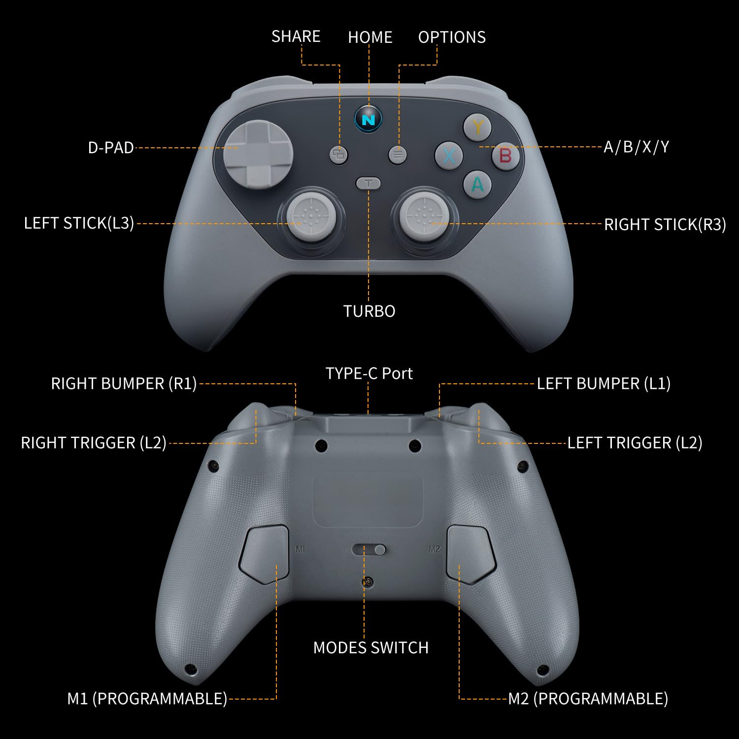 NITHO KARMA Controller Wireless Compatibile con Switch, Switch 2, PC, iOS e Android, Gamepad con Hall Effect, Tasti Posteriori Programmabili, Turbo, Giroscopio a 6 Assi e Doppia Vibrazione – Grigio