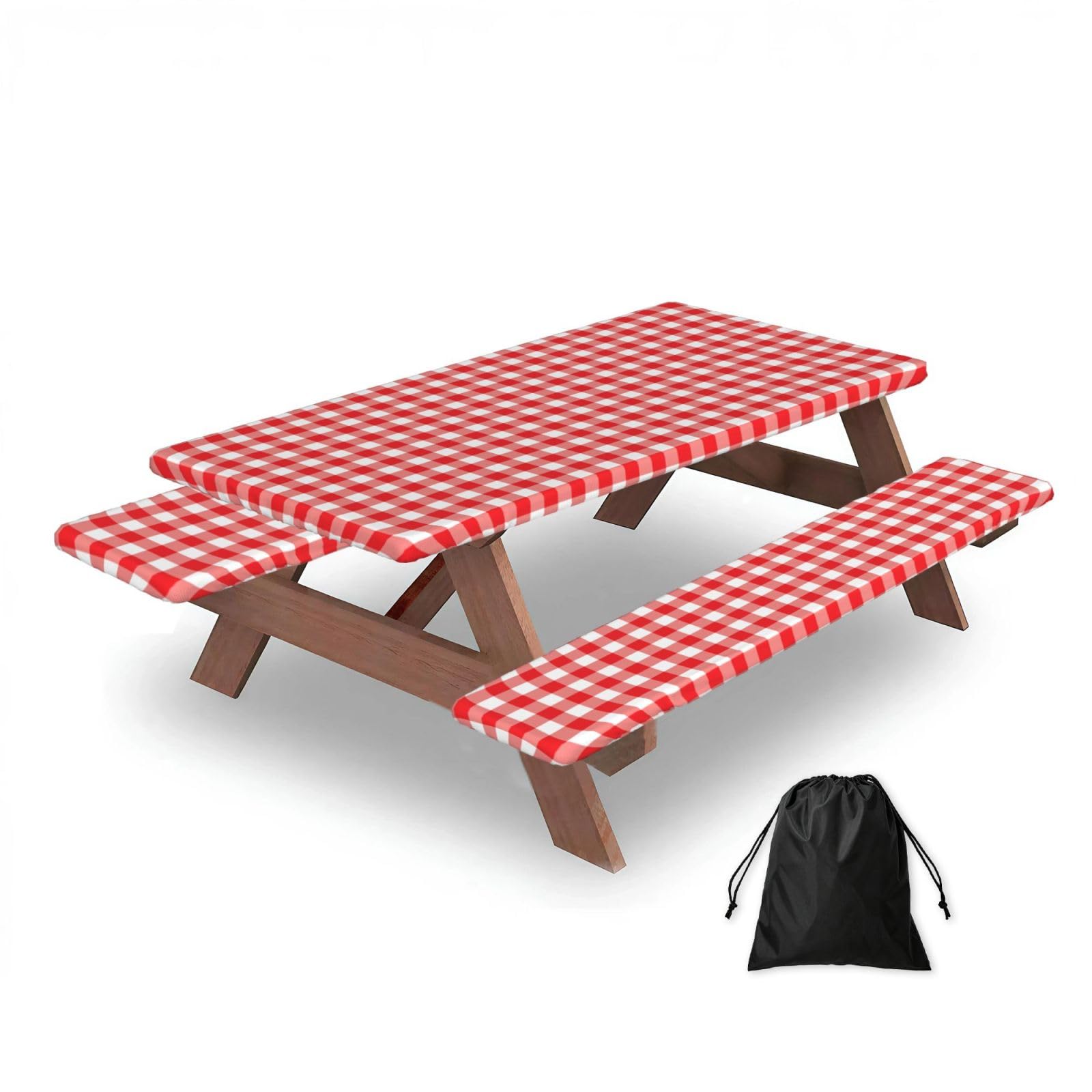 Dopklna As Picture Checkered Geometric Red And White Squares, Picnic Table Cover With Bench Covers -Waterproof Elastic Fitted Tablecloth For Garden Camping Patio 76X152cm