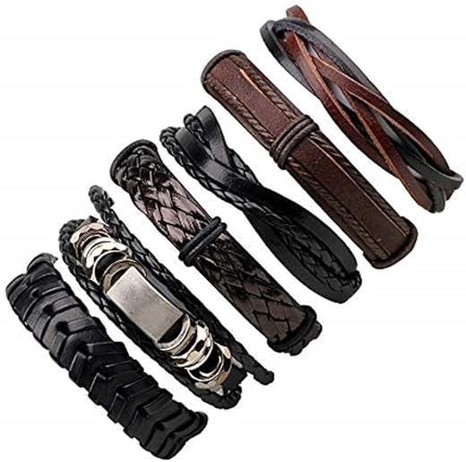 University Trendz 6 PCs Mixed Multi-Layer Genuine Leather Bracelet, Handmade Adjustable Braided Leather Cuff Men & Women