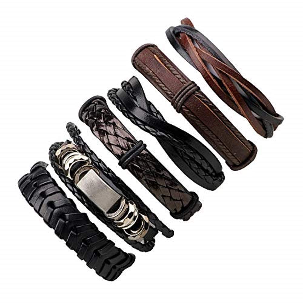 University Trendz 6 PCs Mixed Multi-Layer Genuine Leather Bracelet, Handmade Adjustable Braided Leather Cuff Men & Women