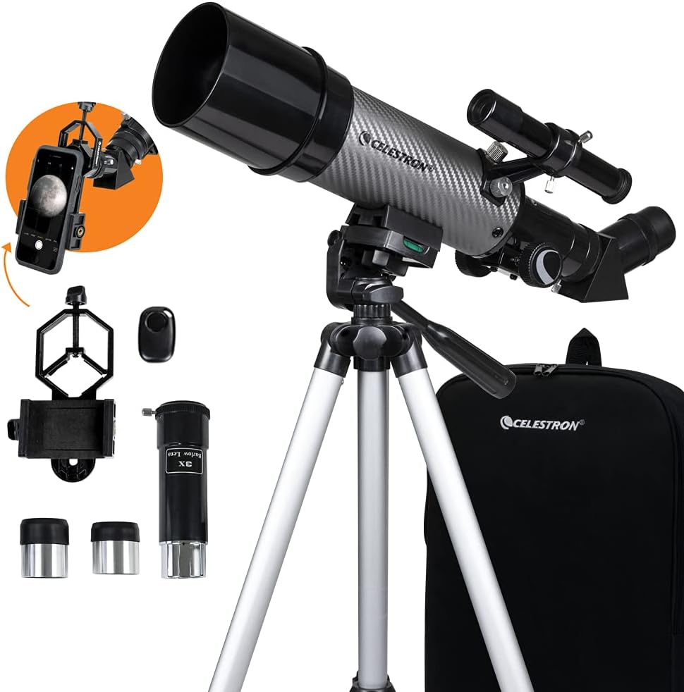 Celestron 22007 Travel Scope 60 DX Portable Refractor Telescope with Smartphone Adapter – Ideal for Beginners with Fully Coated Glass Optics, Tripod, Backpack and Bonus Accessories, Black/Grey