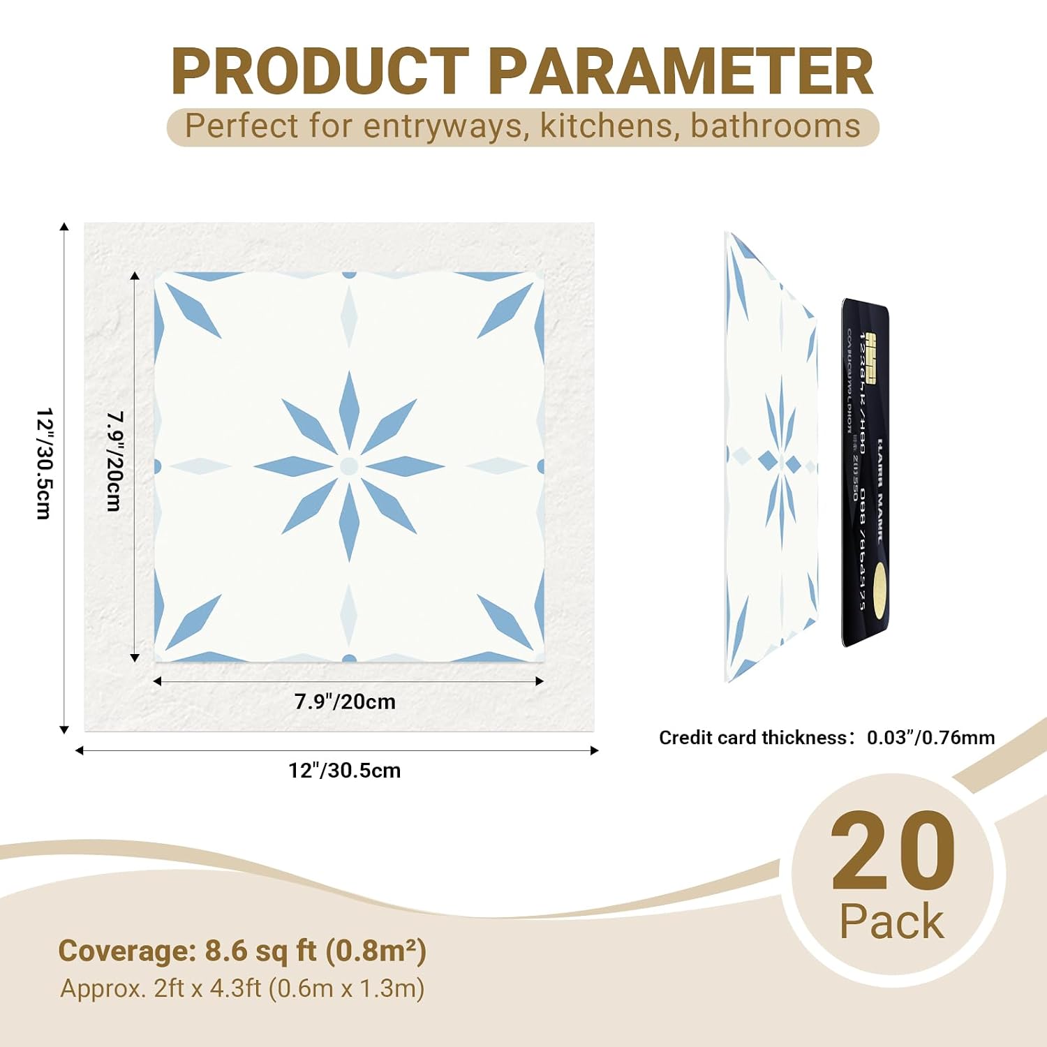 20-Pack Peel and Stick Floor Tile, 7.9”x7.9” Vinyl Flooring for Bathroom Kitchen, Waterproof Non-Slip Durable Self-Adhesive Easy DIY Removable No Residue Blue White