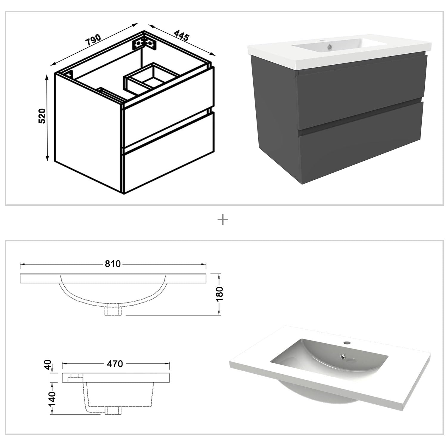 AICA Meuble Salle de Bain 80cm Simple Vasque Anthracite
