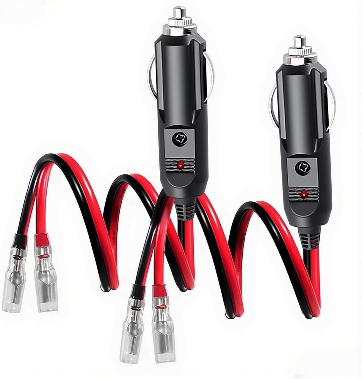 14 AWG Male Plug Cigarette Lighter Adapter Cord,[2 Pack] 12V Male Cigarette Lighter Plug Extension Cable with LED Lightwith LED Light and 15A Fuse- 30cm/1ft