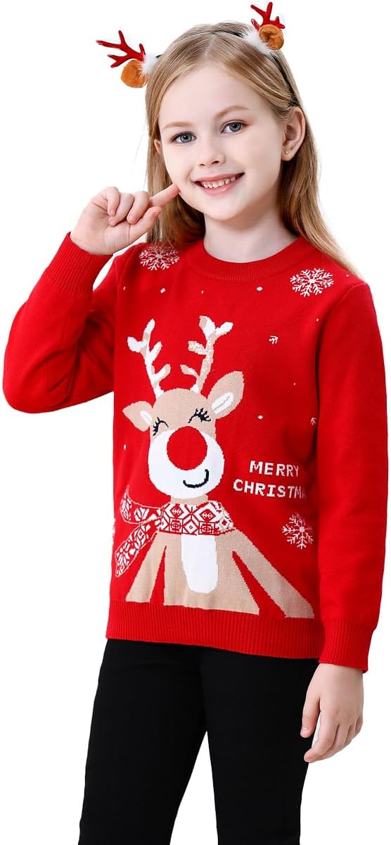 Girl Ugly Christmas Sweater - Boy Double Layer Knitted Reindeer Holiday Xmas Pullover Sweater Kids 2-9 Years Old - Image 3