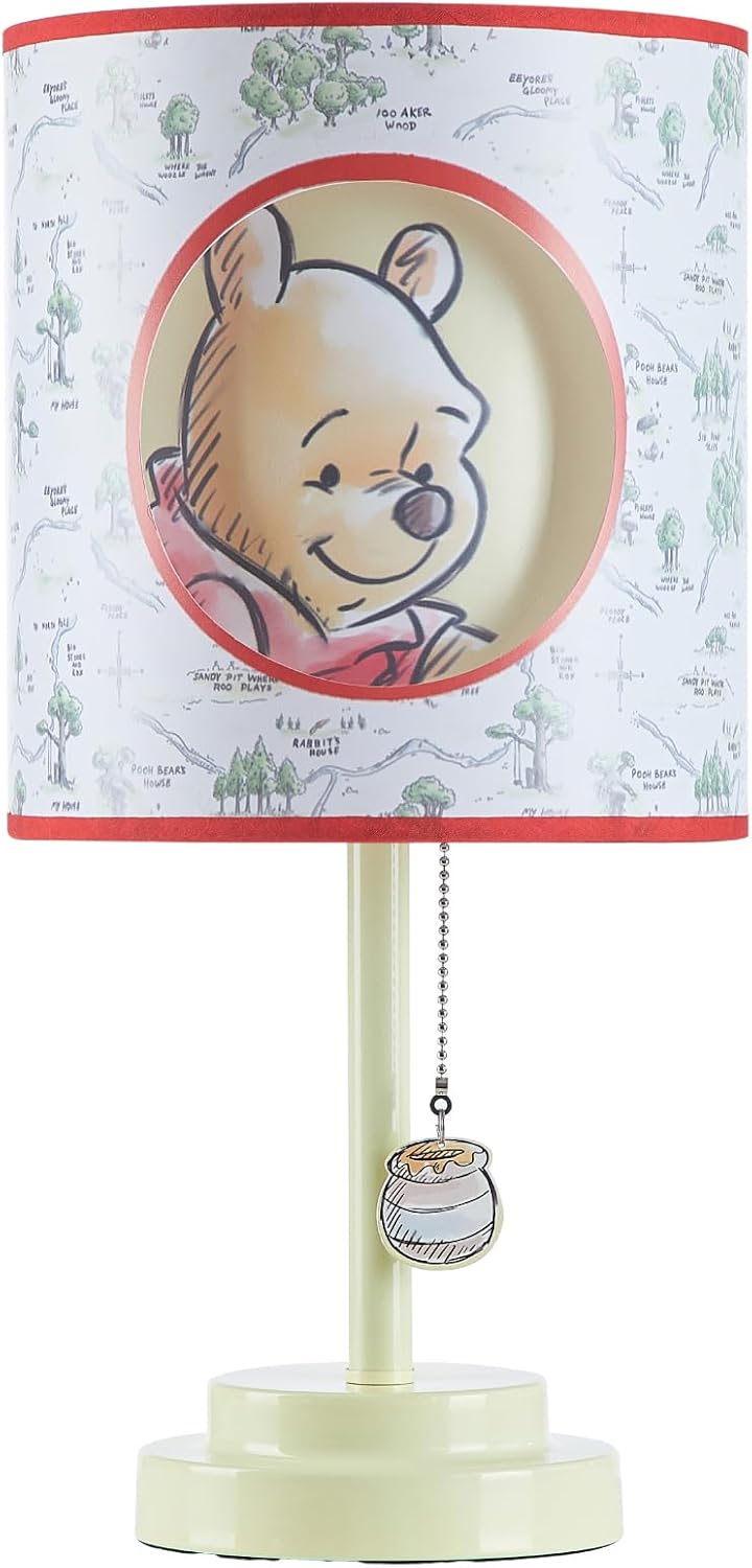 Disney Winnie The Pooh Table Lamp,2-Layer Printed Shade with Cut-Out Design & Figural Pull Chain,Stick Lamp for Kids Bedroom or Nursery Decor