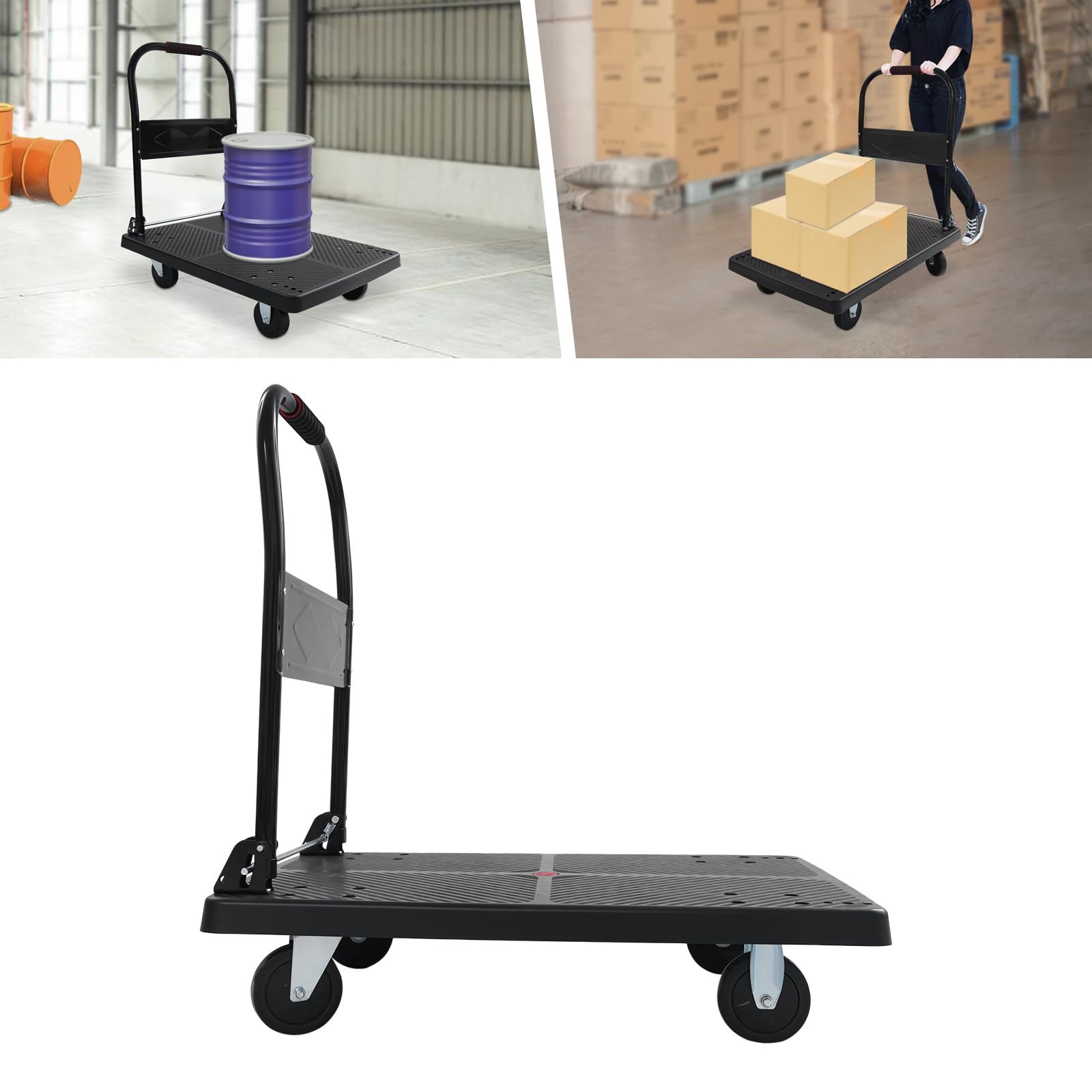 Carretilla de transporte plegable con una sola mano, 400 kg, carro de plataforma, antideslizante, con frenos