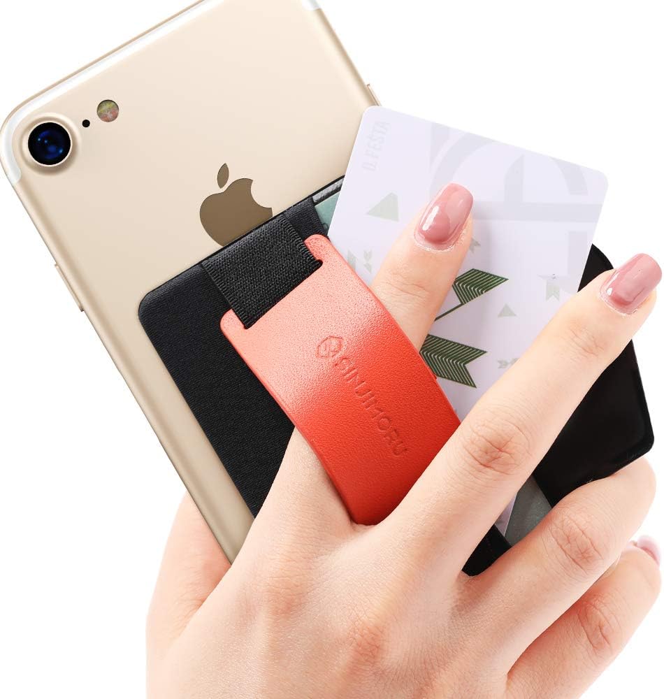 Sinjimoru Phone Grip Card Holder with Phone Stand, Secure Stick on Wallet for iPhone with Leather Pop Out Stand for Table. Sinji Pouch B-Grip Clementine