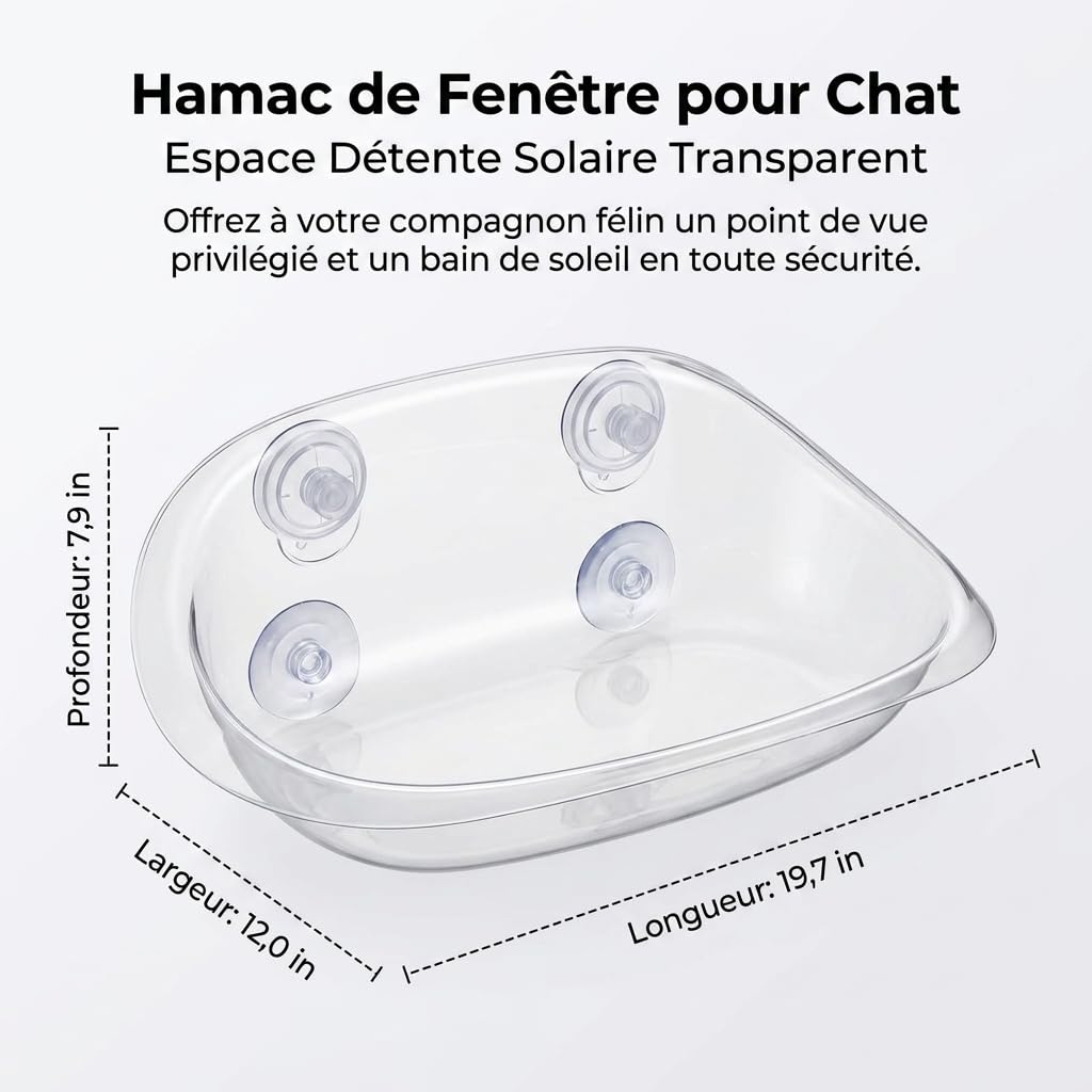 Hamac Fenêtre Chat Sûr Accessoires de Fenêtre Animaux Lit Suspendu Confort Plate-Forme Relaxation Chat AS Matériau Résistant Convenable pour Intérieur, Transparent Cristal