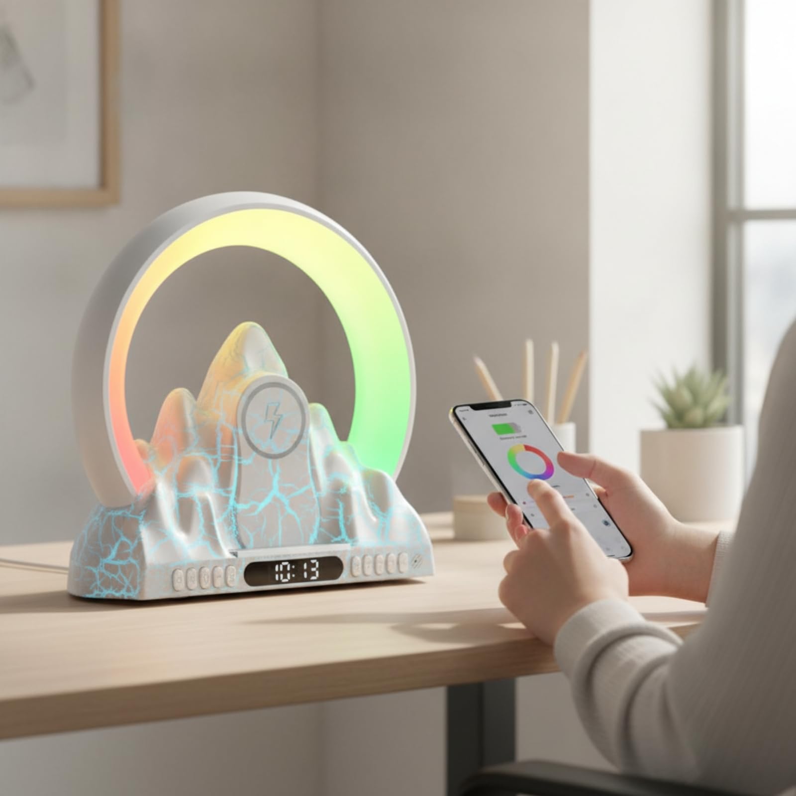 Réveil Veilleuse Multifonctionnelle | Horloge Numérique Intégrée, Lampe Enceinte Bluooth, Lampe Réveil, pr Bureau, Étudiants