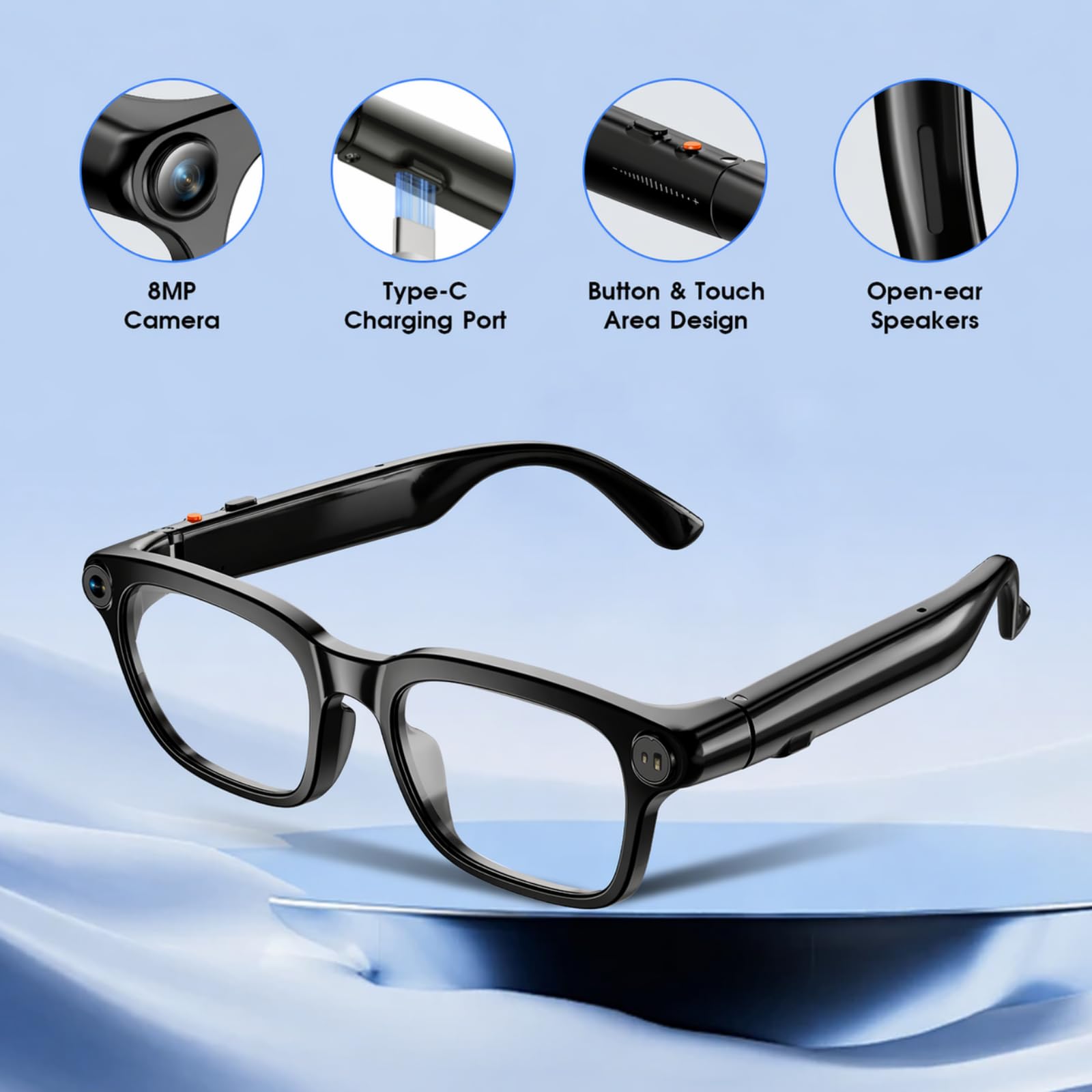 GenXenon Lunettes Caméra, Caméra 8 MP für Enregistrement Vidéo, Foto und Reconnaissance d’Objets IA, Batterie 300 mAh, Lunettes Connectées pour Voyages, Vlog et Outdoor Aventure（Trois lentilles）