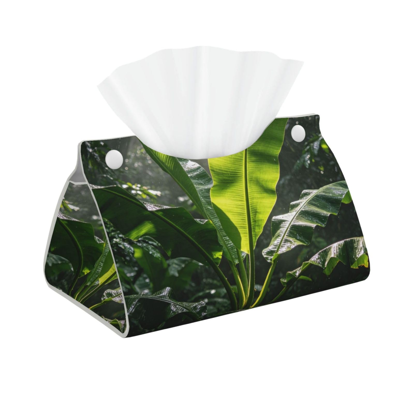 Green Banana Leaf Long Leather Tissue Box Cover-Waterproof PU Leather Tissue Holder for Bathroom, Decorative Rectangular Tissue Case