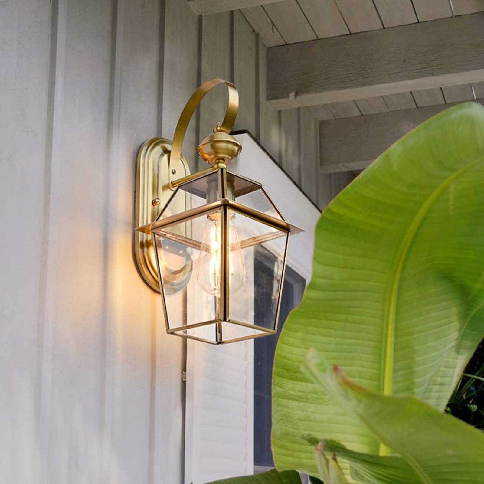 SXECAEPS Wall Lamps Sconces Garden Light Lantern Golden Copper Bracket with Clear Glass Shade E27 Sconce Waterproof Lighting Fixture Indoor Decor