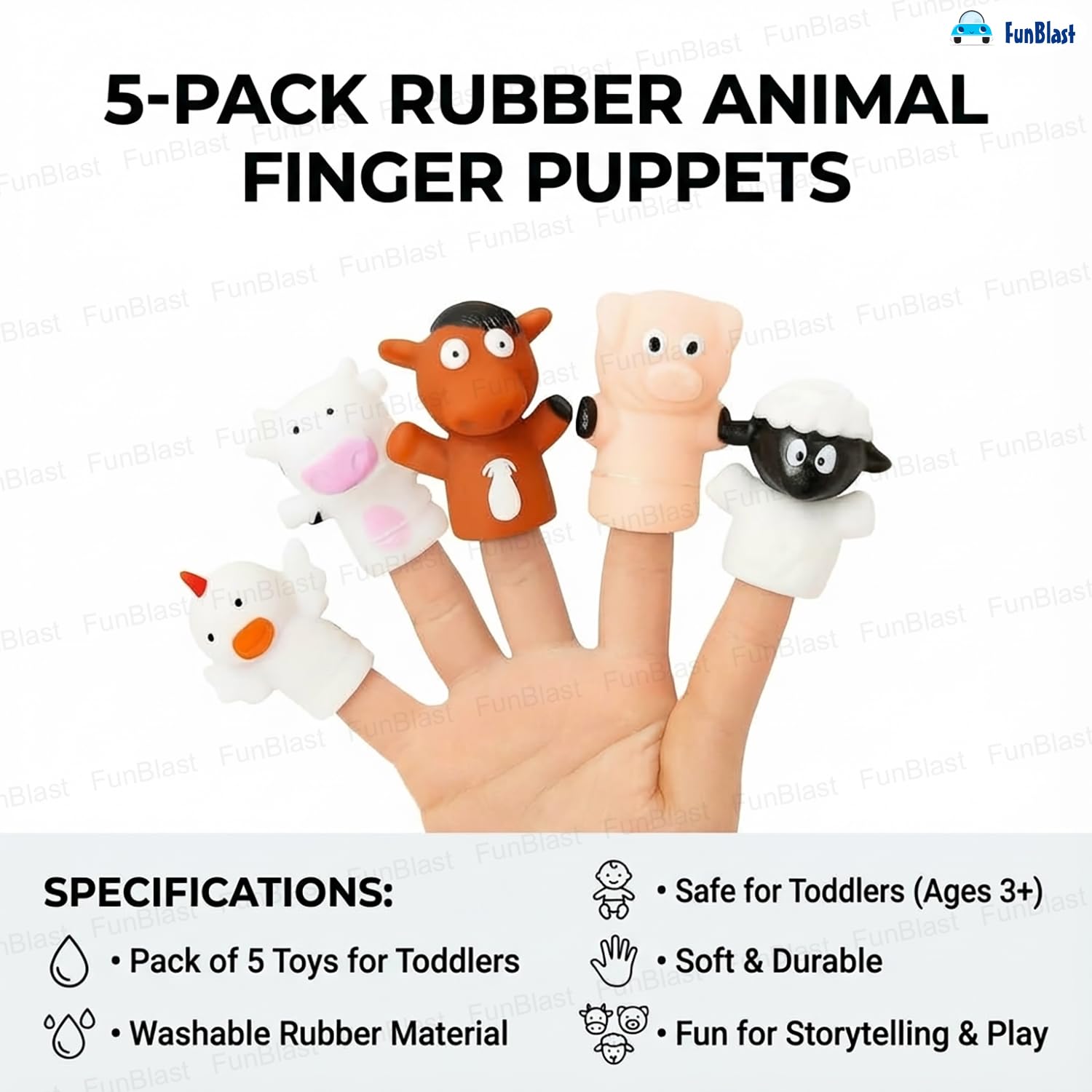 FunBlast Finger Puppets Toys for Kids – Pack of 5 Rubber Animal Puppets Toys for Toddlers, Washable Finger Puppets for Toddlers, Colorful Storytelling Puppet Toy Kids – Random Design (Farm Animal) 1