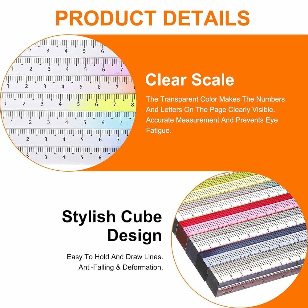 Radiance™ 2 Pcs 3D Cube Square Scale 20cm | Transparent Gradient Ruler for Kids & Adults | Multi-Functional Stationery for School & Office Use (Random Colors) 1