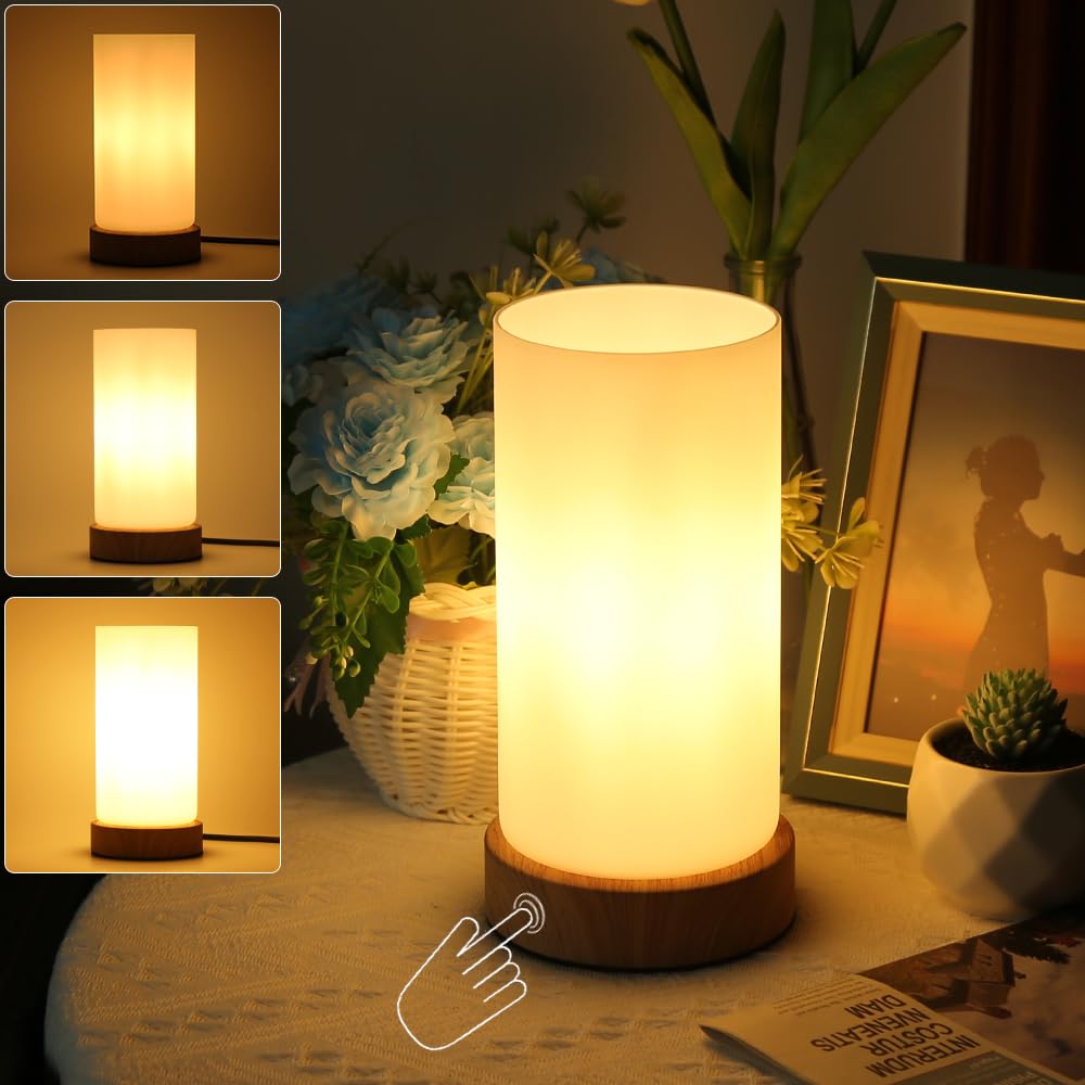 Nachttischlampe, 2 Stuck Touch Dimmbar Tischlampe mit Glas Lampenschirm Night Light Glühbirne 3 Helligkeitsstufen Einstellbar Nachtischlampen Tischleuchte Minimalistische für Lesen Wohnzimme, Gold