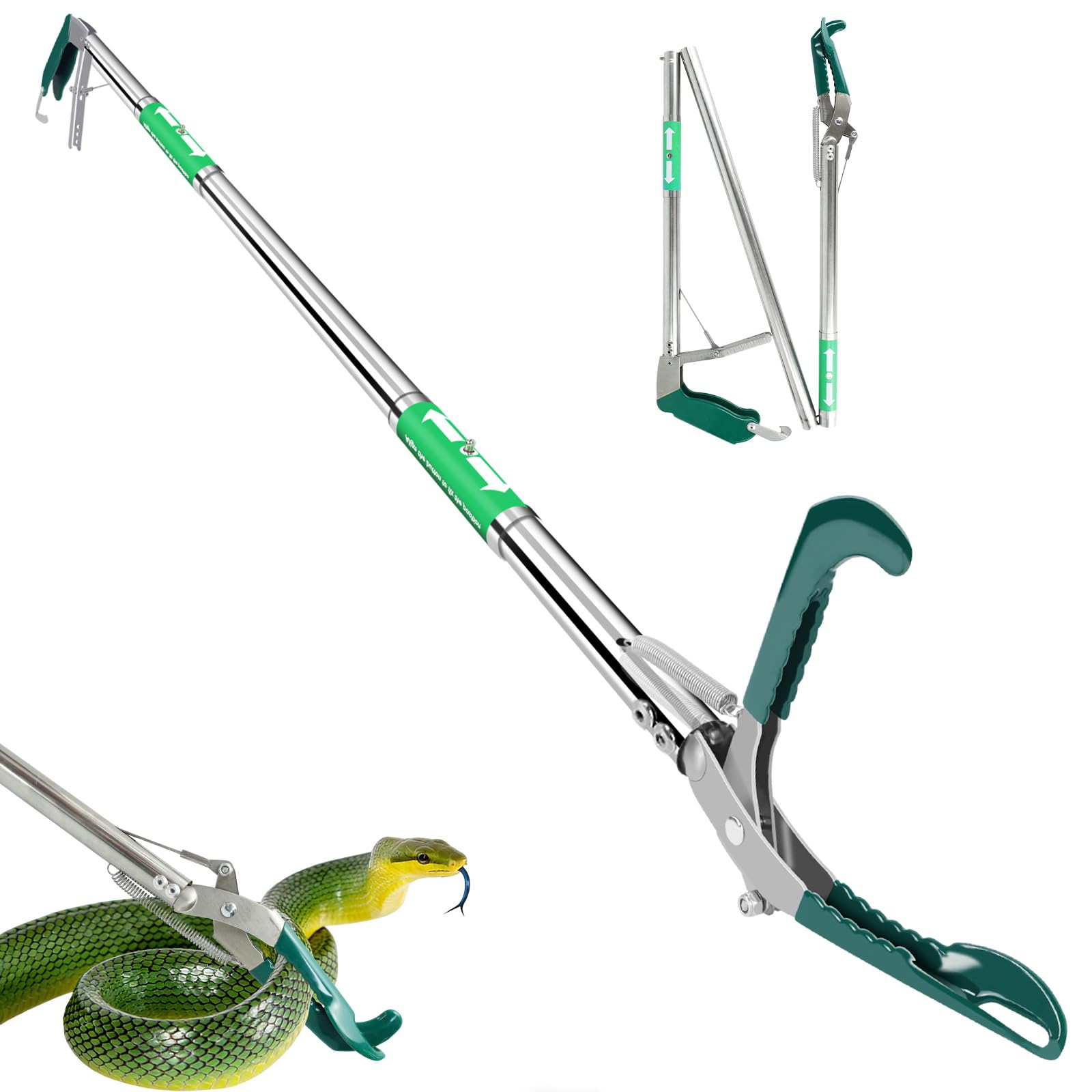 50 Inch Collapsible Snake Tongs, Heavy Duty Rust Proof Stainless Steel Snake Grabber Tool with Non-Slip Rubber Coated Jaw &amp; Handle, 3-Section Folding Reptile Catcher for Catching &amp; Wildlife Handling