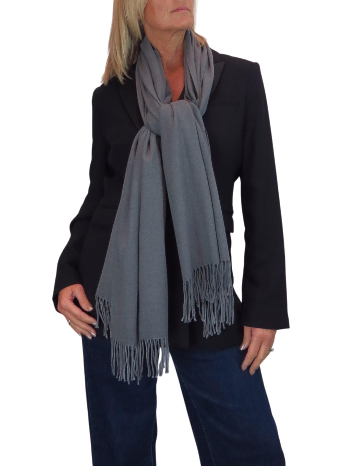 Paulo Due Women's Dark Grey Wool Blend Pashmina Shawl Scarf, Tassel Ends