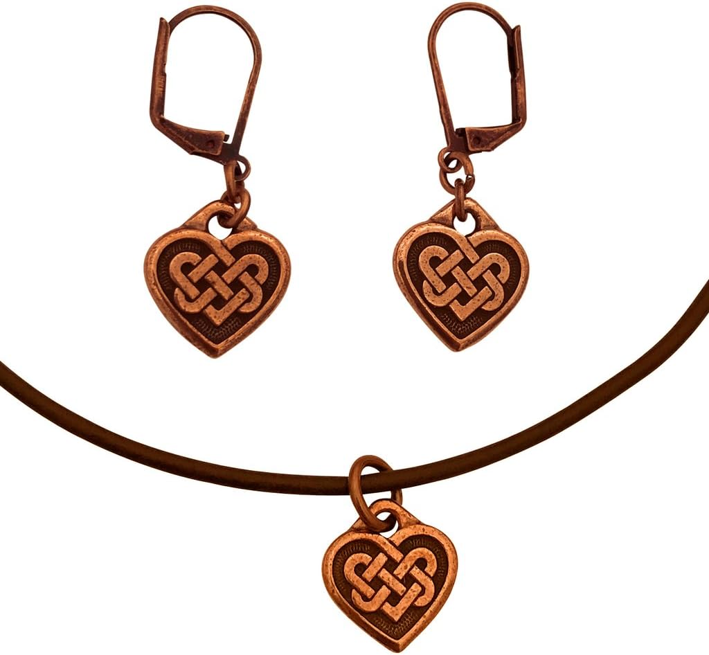 DragonWeave Celtic Heart Charm Necklace & Earring Set, Antique Copper Brown Leather Adjustable
