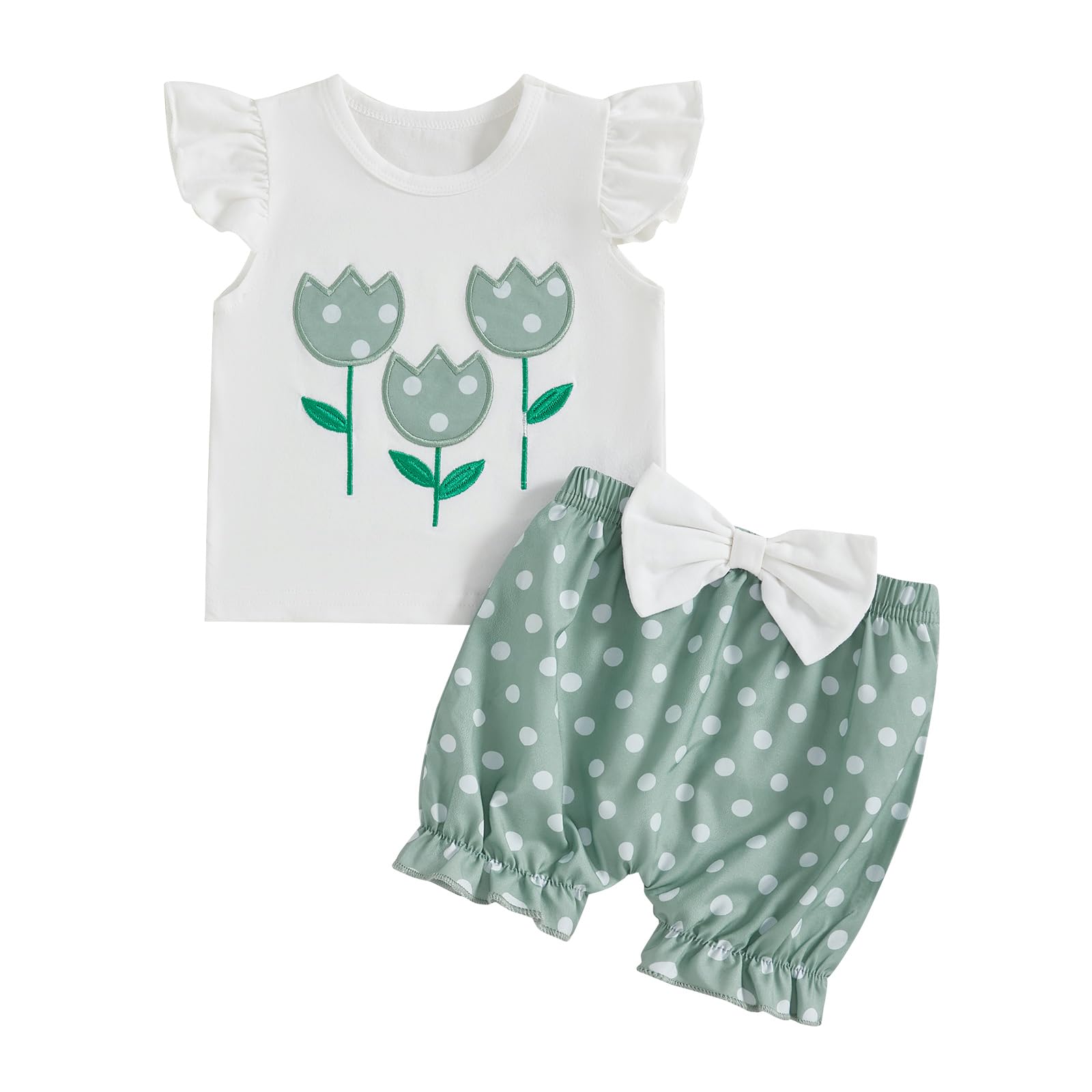 Lamuusaa Toddler Baby Girl Summer Clothes Ruffle Sleeve Flower Embroidery T-shirt Polka Dot Shorts 2Pcs Clothes Set 0-3T (Green, 12-18 Months)