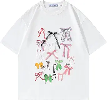 Aelfric Eden Bow Shirt for Women Oversized Graphic Tees Y2K Cute Print Short Sleeve T-Shirt Casual Summer Cotton Top