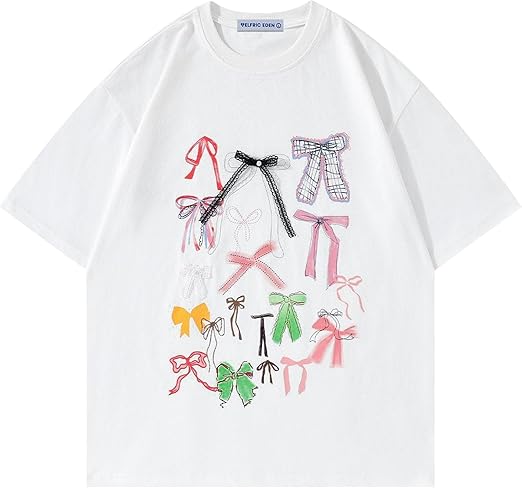 Aelfric Eden Bow Shirt for Women Oversized Graphic Tees Y2K Cute Print Short Sleeve T-Shirt Casual Summer Cotton Top