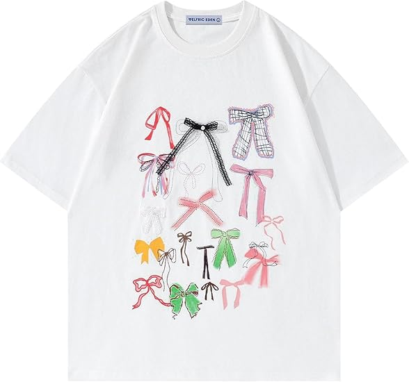 Aelfric Eden Bow Shirt for Women Oversized Graphic Tees Y2K Cute Print Short Sleeve T-Shirt Casual Summer Cotton Top