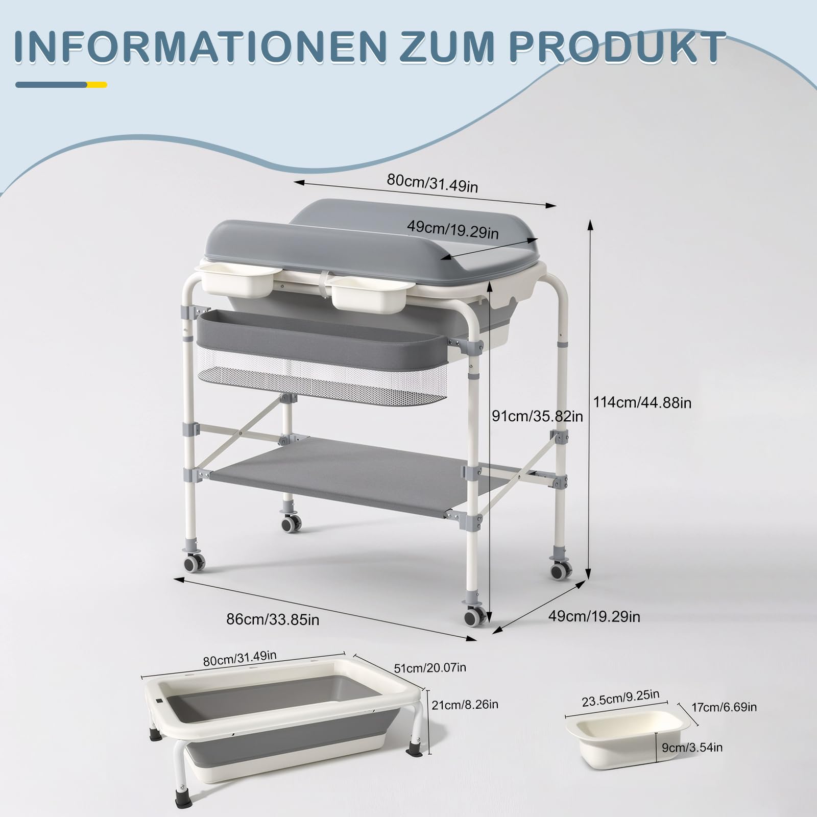 Wickeltisch für Babys mit Badewanne, mit 4 360° geräuschlosen Rädern, wasserdichter mobiler Wickeltisch mit Ablagekorb, klappbar, max. Belastbarkeit 50 kg, geeignet für 0-36 Monate