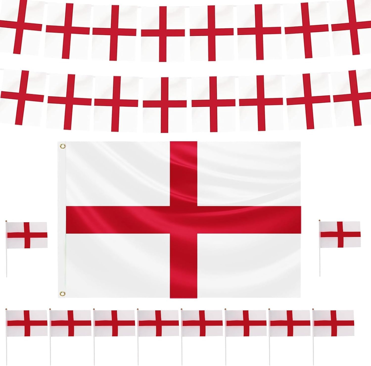 31 Pack St Georges Day Decorations Set, England Flag 1.5x0.9m, 10 Pcs Handheld Small Flags and Total Length 5m England Bunting for St Georges Day Accessories, World Cup