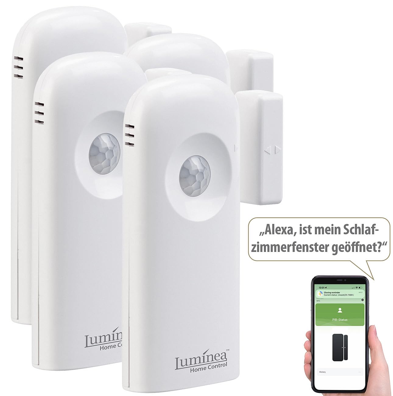 Luminea Home Control mini allarme: Set da 4 Sensori Wi-Fi 2in1 per porte/finestra e sensori PIR, App, Controllo vocale (rilevatore di movimento interno a batteria, di allarme per porte, accessori)