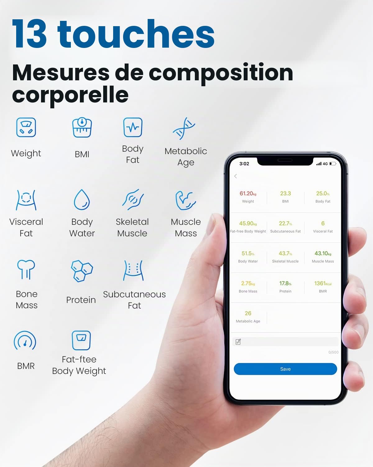 RENPHO Balance Pèse Personne de Haute Précision 400lbs, Balance Connecté Bluetooth Pese Personnes Impédancemètre avec App, Piles incluses & Mètre Ruban Rétractable et Connecté