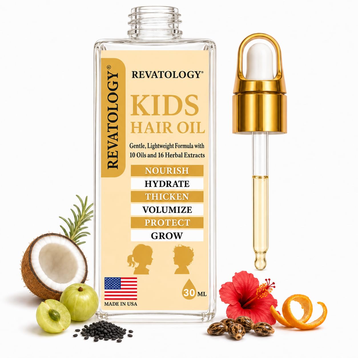 REVATOLOGY Kids Hair Growth Oil for Toddlers and Babies, 26 Botanicals Scalp Treatment with Rosemary, Castor and Amla, for Curly Wavy Textured Hair, Dry Itchy Scalp, Made in USA