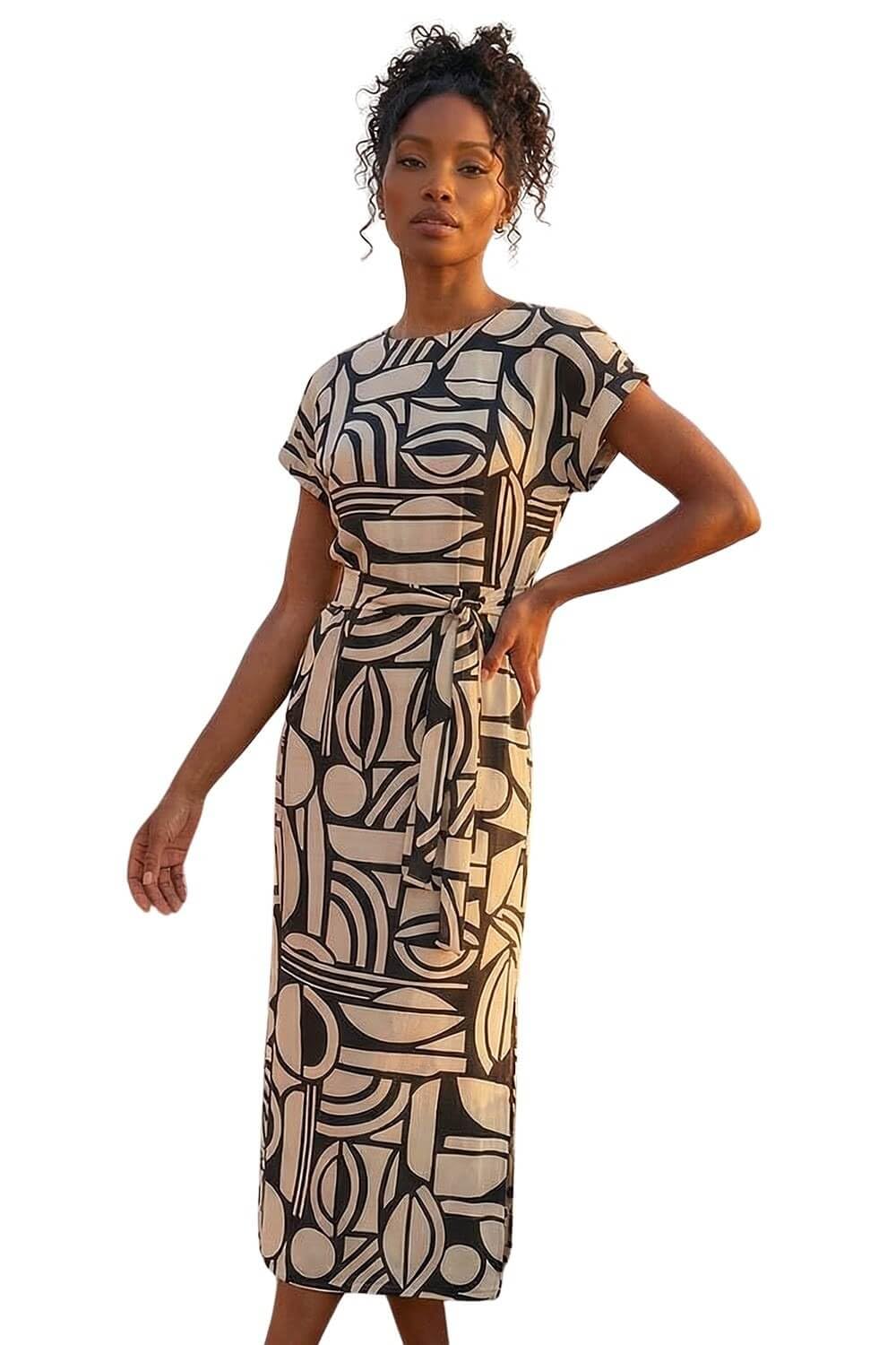 Roman Originals Linear Textured Midi Dress for Women UK - Ladies Everyday Holiday Spring Summer Round Neckline Comfy Soft Evening Vacation Work Party - Ivory - Size 14