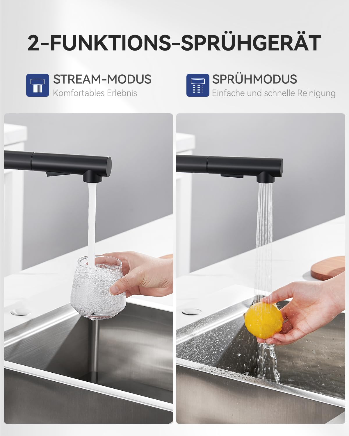 Wasserhahn Küche Schwarz, Hochdruck Küchenarmatur Ausziehbar | Mit Brause Zwei Wasserstrahlarten, 360° Drehung, Heißes und kaltes Wasser, Edelstahl, Einhebel-Spültischarmatur