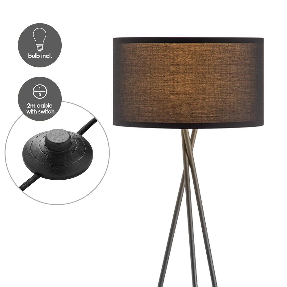 Home Sweet Home Lámpara de pie moderna de metal negro | 53/53/138cm｜con fuente de luz LED E27 4W 2700K | Lámpara de pie retro con trípode Con pantalla negra｜para dormitorio