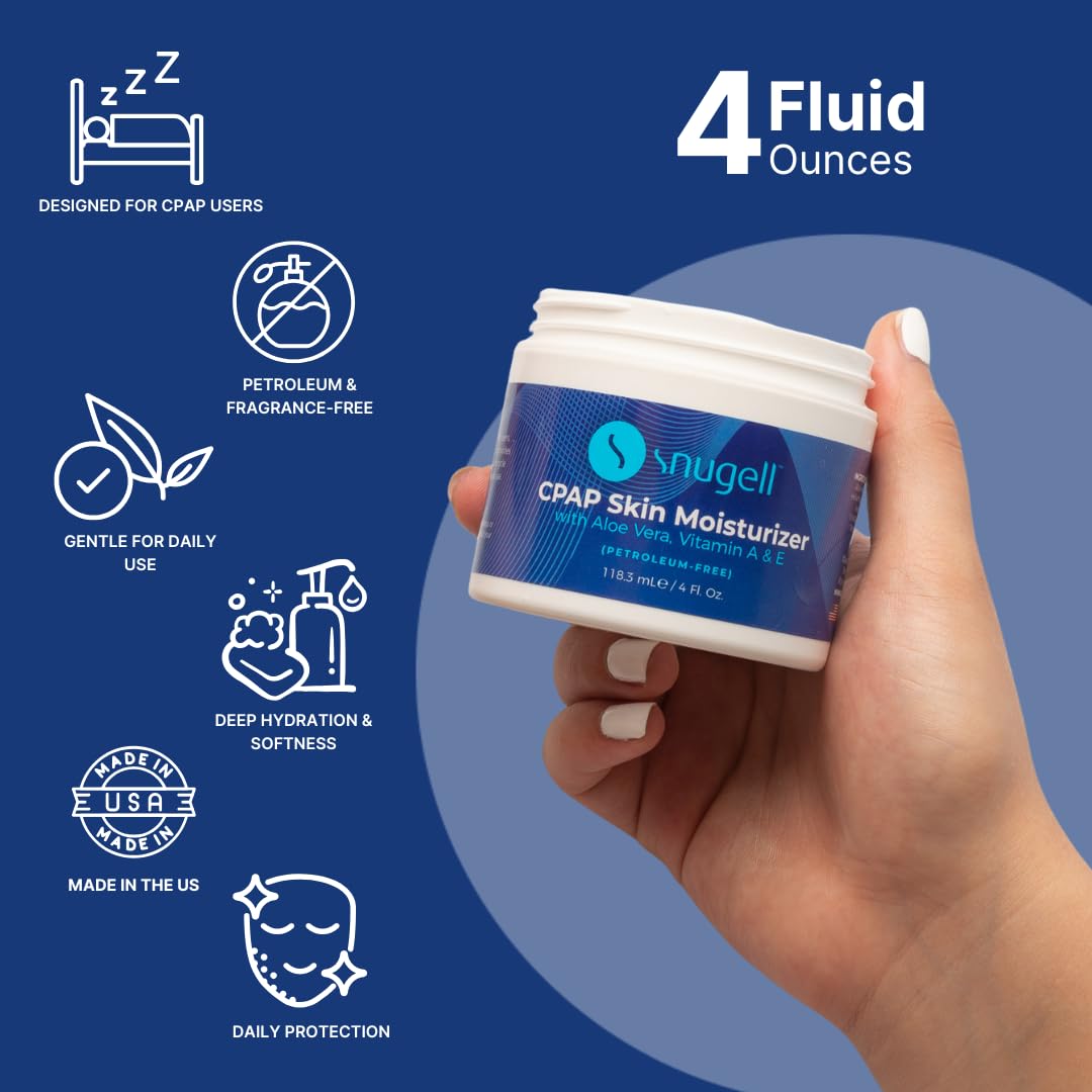 Snugell Hidratante para la piel CPAP | Crema facial diaria con aloe vera y vitamina A y E | Sin petróleo | Diseñado especialmente para usuarios de CPAP | 4 onzas líquidas Onz.