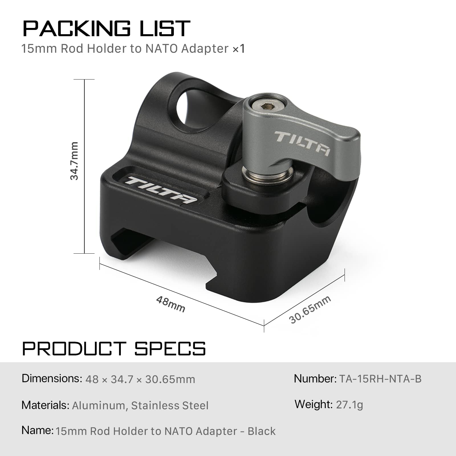 Tilta Supporto per asta da 15 mm a adattatore NATO compatibile con le nostre gabbie per fotocamere complete e mezze - Nero TA-15RH-NTA-B