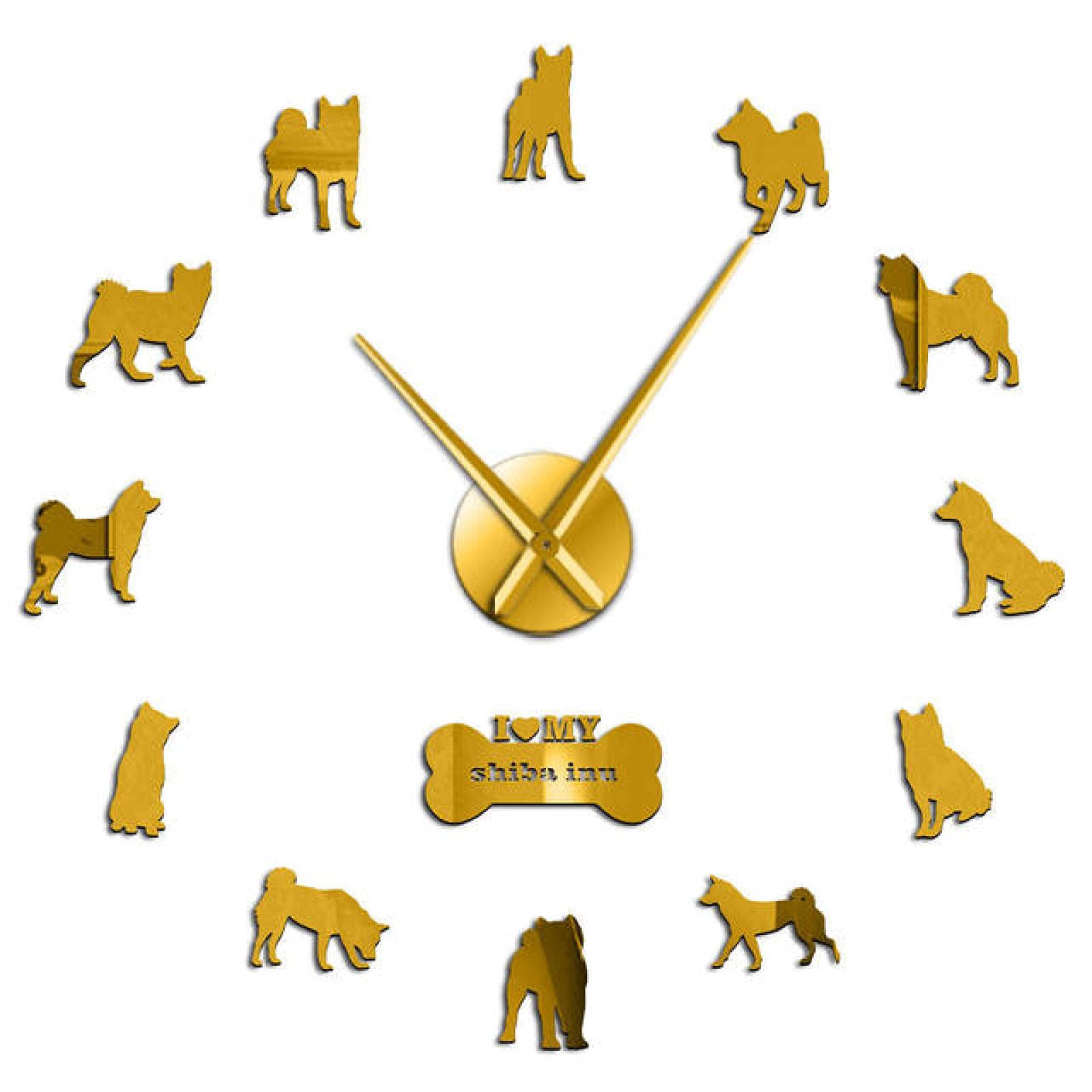 Xinxin Wall Clock Purebred Shiba Inu Doggie Pet Breed Oversized 3D DIY Wall Clock Siberian Husky Doggie Silhouette Wall Watch with Mirror Effect