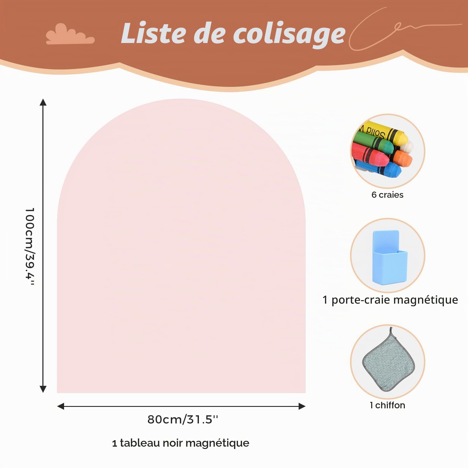 Tableau Magnétique Mural Enfant 80×100 cm - En forme d'arc - Avec couleurs pastel et craies - Tableau magnétique pour filles et garçons