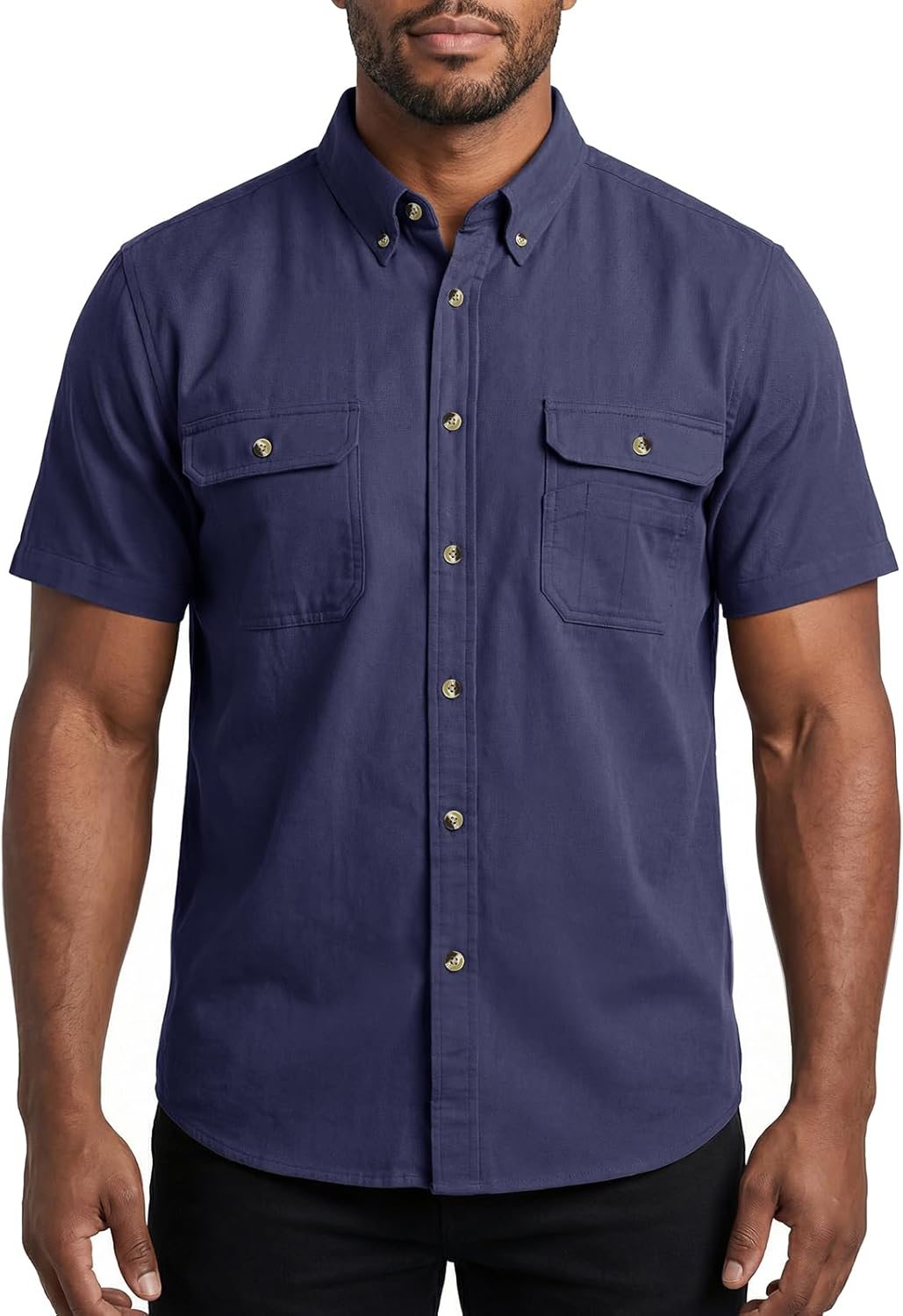 HISEA Men's Button Down Work Shirt, Short Sleeve Cotton Canvas Shirts for Men, Durable Classic Shirt with 2 Pockets
