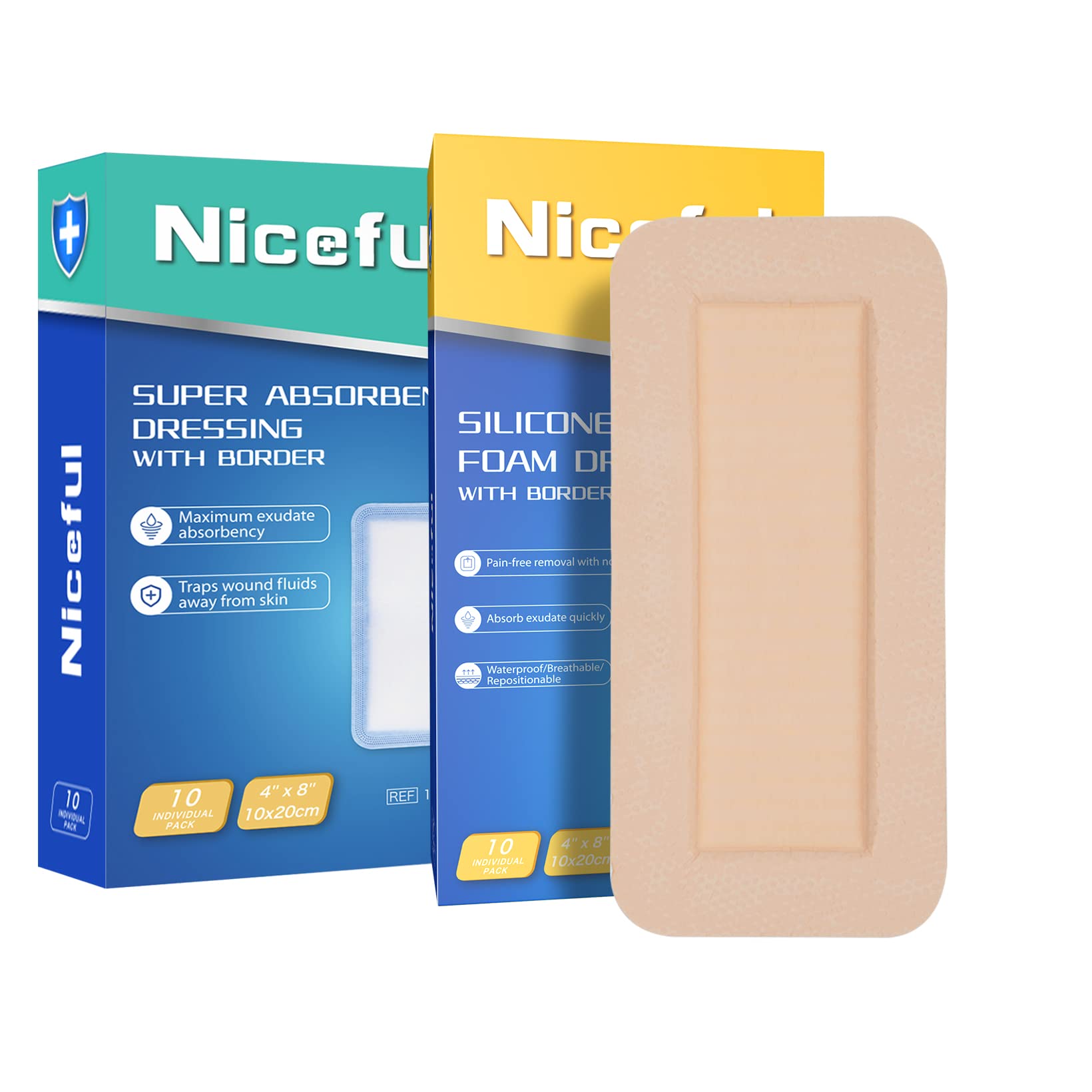 10 Packs Silicone Foam Dressing 4"x8", 10 Packs Super Absorbent Wound Dressing 4"x8", Highly Absorbent Wound Dressing Moist Healing Bandages