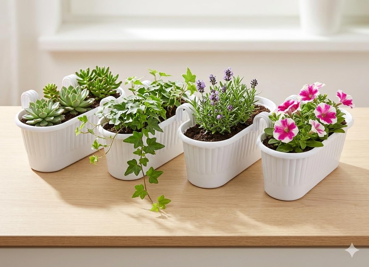 White Railing Planters for Balcony (Set of 4) - Durable Plastic Hanging Flower Pots with Ribbed Design | Opening Length: 39cm, Height: 14cm, Width: 15cm | Ideal for Indoor & Outdoor Gardening 2