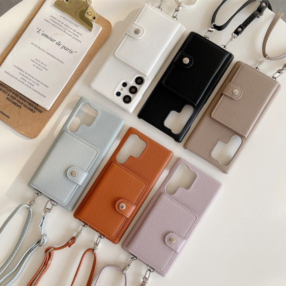 Moda Litchi skórzany pasek na ramię na szyję etui na telefon do Samsung S23 Ultra S20 S21 S22 uwaga 8 9 10 20 Crossbody portfel pokrywa, brązowy, S9