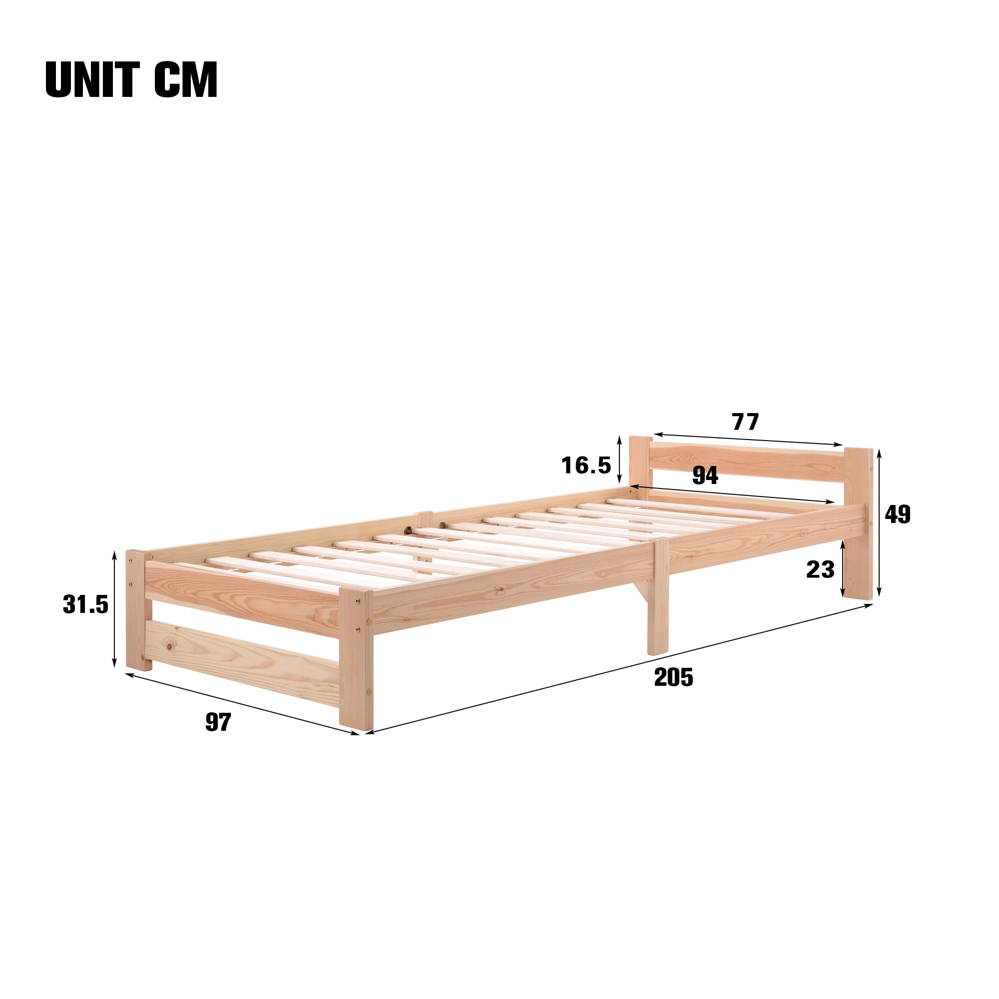 Cama futón de madera maciza maciza natural con cabecero y somier, natural (200 x 90 cm)